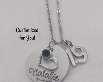 Personalized 19th Birthday Necklace, Swarovski Birthstone Name Necklace, Engraved, Handstamped, Hand Stamped Jewelry, Stainless Steel