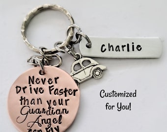 Teenager&#39;s Birthday Gift, Custom Keychain, Drive Safe Key Chain, Never Drive Faster than your Guardian Angel can Fly, Engraved, New Driver