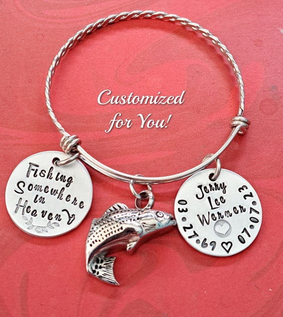 Fisherman Memorial Bracelet, Fish Cremation Urn, Personalized Hand Stamped  Memorial Jewelry, Fishing in Heaven, Dad Brother, Grandpa, Uncle 