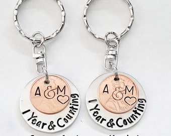 Personalized Hand Stamped One Year Anniversary Keychain, One Year & Counting Penny Key Chain, Key Chain, First Anniversary Gift for Him Her