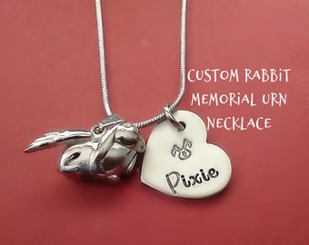 Personalized Rabbit Memorial Cremation Urn Necklace, Bunny Remembrance Jewelry, Pet Rabbit Loss, Heart Pendant Necklace, Stainless Steel