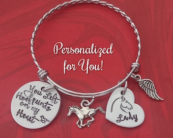 Horse Memorial Charm Bracelet, Loss of Horse Gift, Custom Sympathy Gift, Horse Remembrance, You Left Hoofprints on My Heart, Engraved