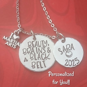 Karate Necklace, Beauty, Brains and a Black Belt, Tae Kwon Do Jewelry, Hand Stamped Jewelry, Martial Arts, Engraved ninja Gift, Sensei Gift