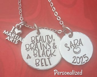 Karate Necklace, Beauty, Brains and a Black Belt, Tae Kwon Do Jewelry, Hand Stamped Jewelry, Martial Arts, Engraved ninja Gift, Sensei Gift