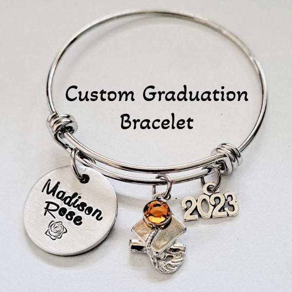 Custom Graduation Bracelet, Pre-K, Kindergarten Elementary Middle School Graduation, Engraved Name Birthstone, Hand Stamped, Personalized