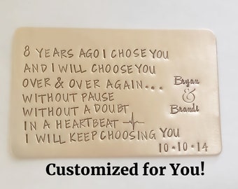 Personalized Bronze 8th Anniversary Gift, Custom Wallet card, Traditional 8 Year Anniversary, Engraved, Hand stamped, 8 year countdown