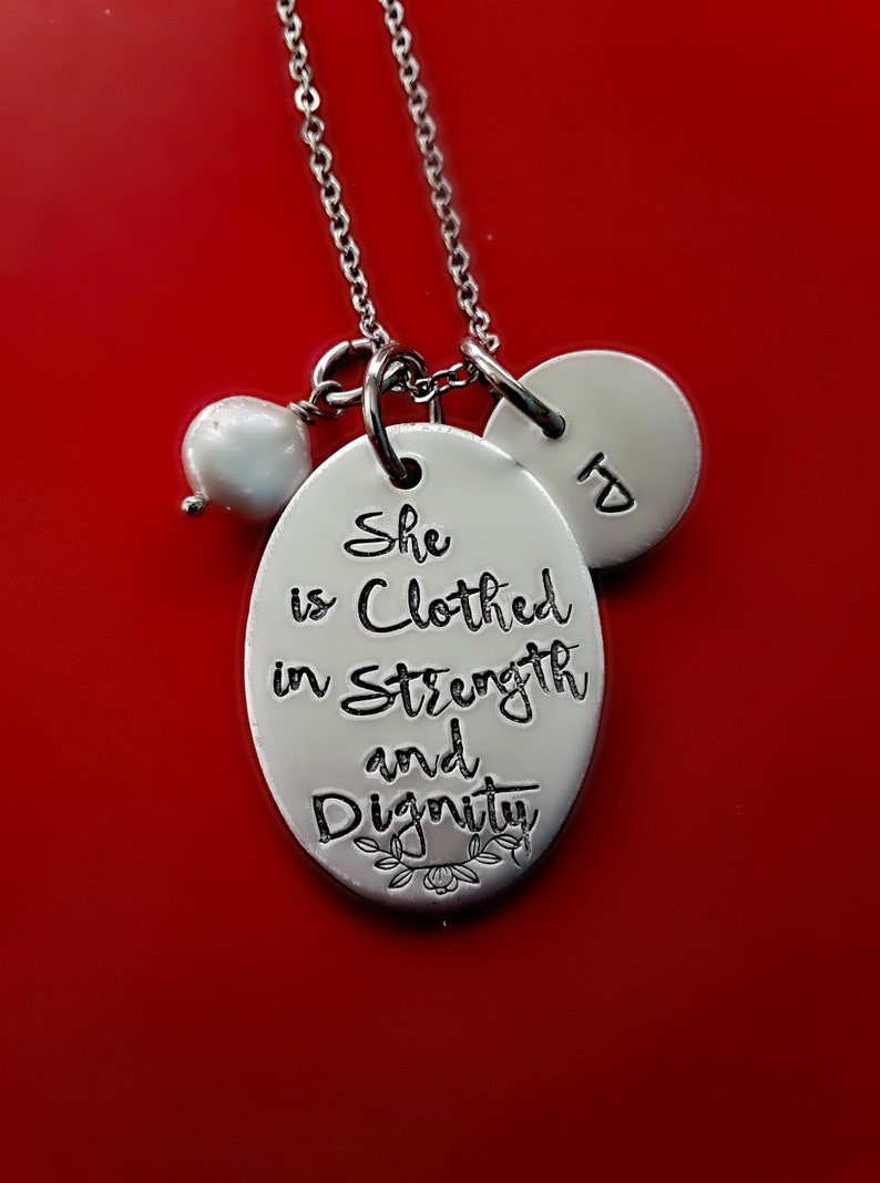 Custom Bible Quote Jewelry Proverbs 31:25 Biblical Verse Quote Jewelry She is Clothed in Strength and Dignity Necklace SCRIPTURE Jewelry