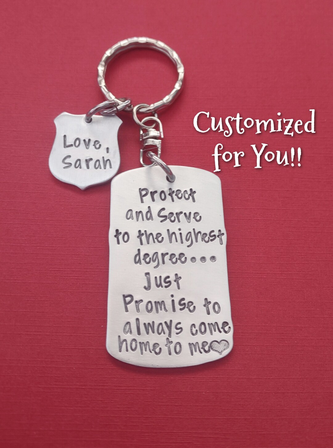 Hand Stamped Police Dog Tag Key Chain, Protect & Serve to the Highest