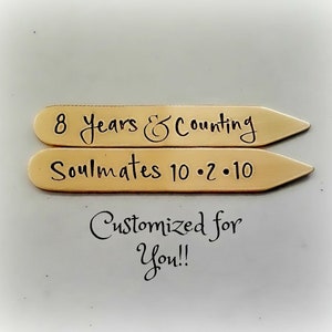 8th Bronze Wedding Anniversary Collar Stays,  Hand stamped Eight Years Counting Anniversary Gift Boyfriend, Custom Stamped Gift for Husband