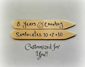 8th Bronze Wedding Anniversary Collar Stays,  Hand stamped Eight Years Counting Anniversary Gift Boyfriend, Custom Stamped Gift for Husband