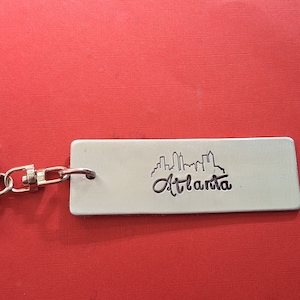 Atlanta Georgia Skyline Key Chain, City Skyline Keychain, Hand Stamped Custom Keychain, Born and Raised, Peach