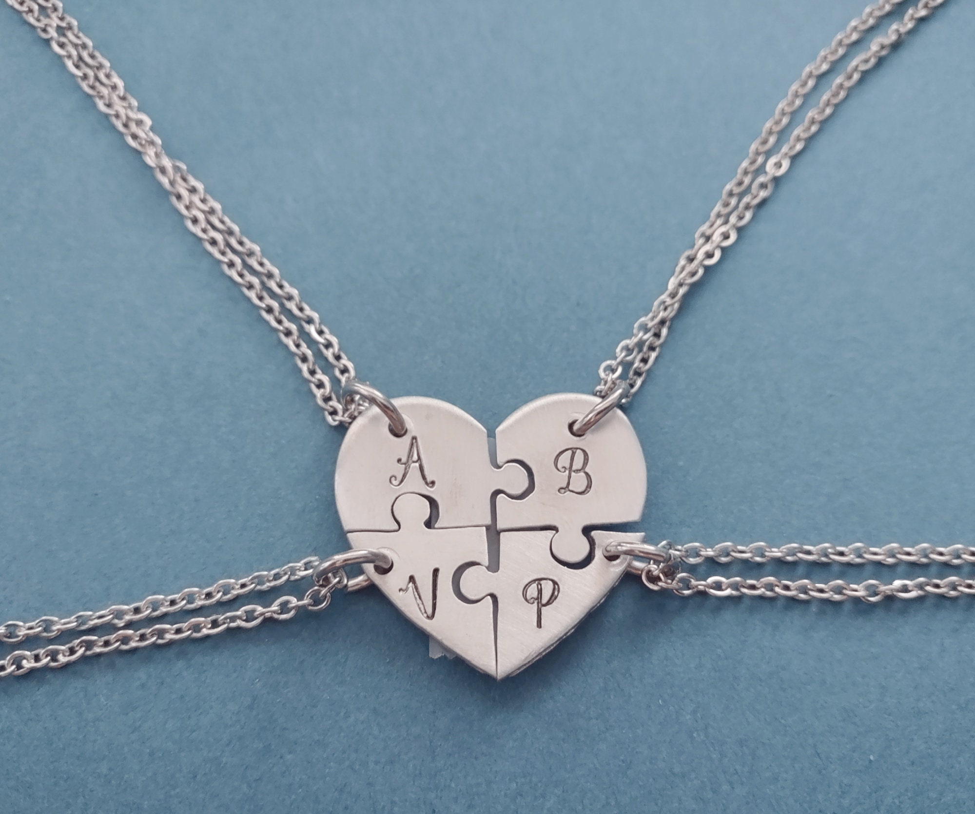4 Personalized Heart Puzzle Necklace Set Four Piece Heart Etsy