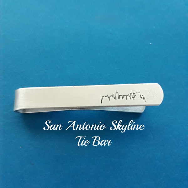 San Antonio Texas Skyline Tie Bar, Hand stamped Tie Clip, Engraved, Personalized for Him, Groomsmen Gift, Anniversary, Husband