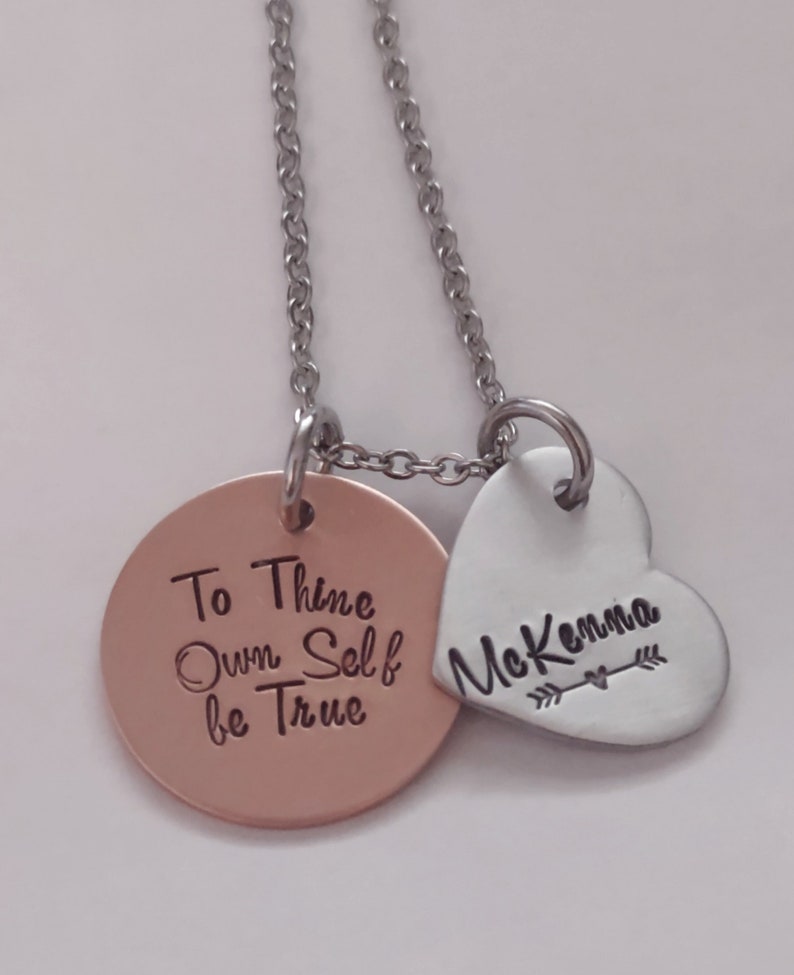 To Thine Own Self Be True Necklace, Hand Stamped Shakespeare Quote Jewelry, Mixed Metal, Stainless Steel, Literary Hamlet image 1