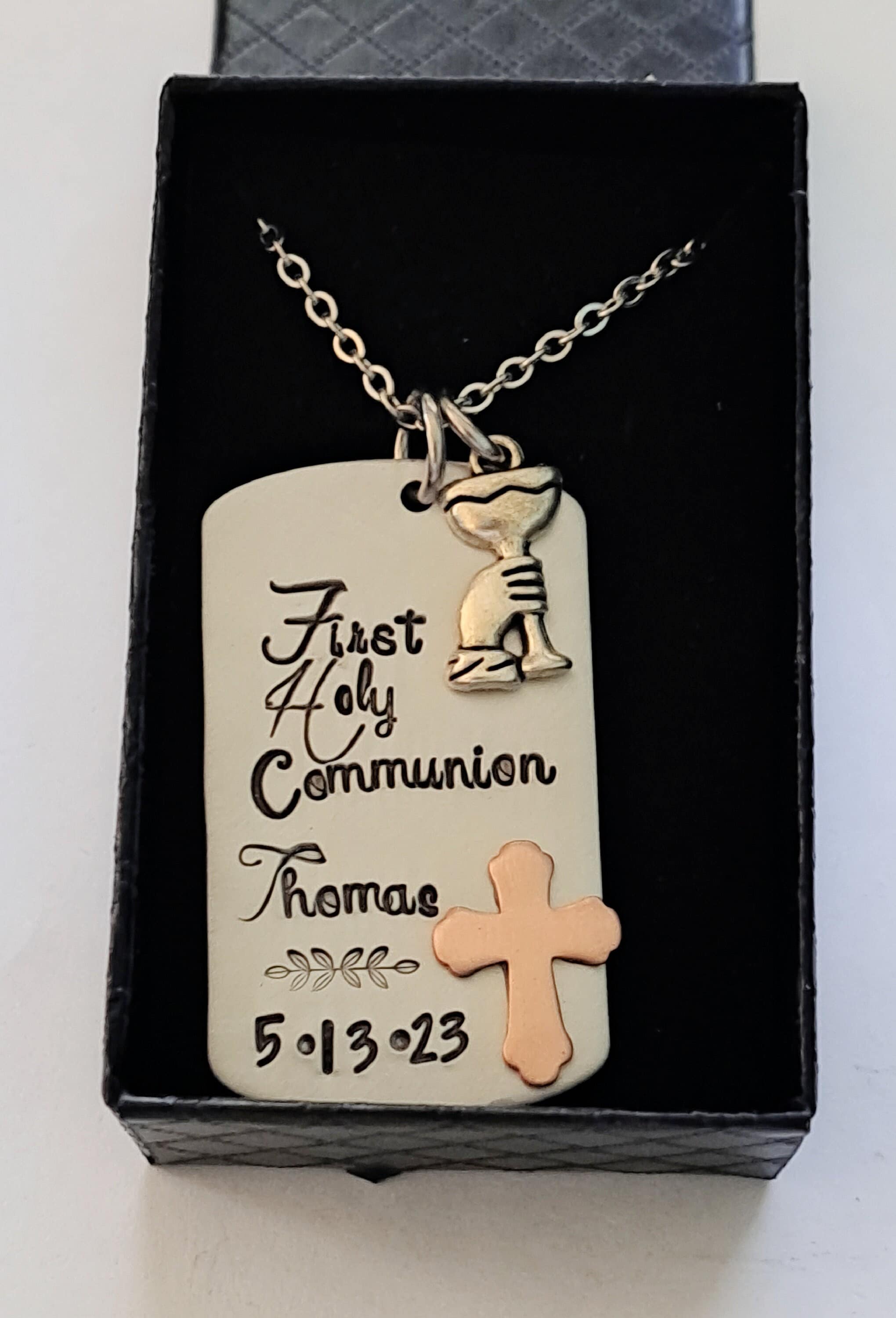First Communion Chains First Communion Necklace, Unique Mixed Metal Personalized Hand Stamped ...