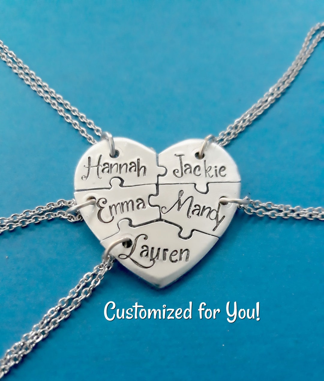 Heart Puzzle 5 Piece Necklace Set, Hand Stamped Five Best Heart Puzzle 5 Piece Necklace Set, Hand Stamped Five Best