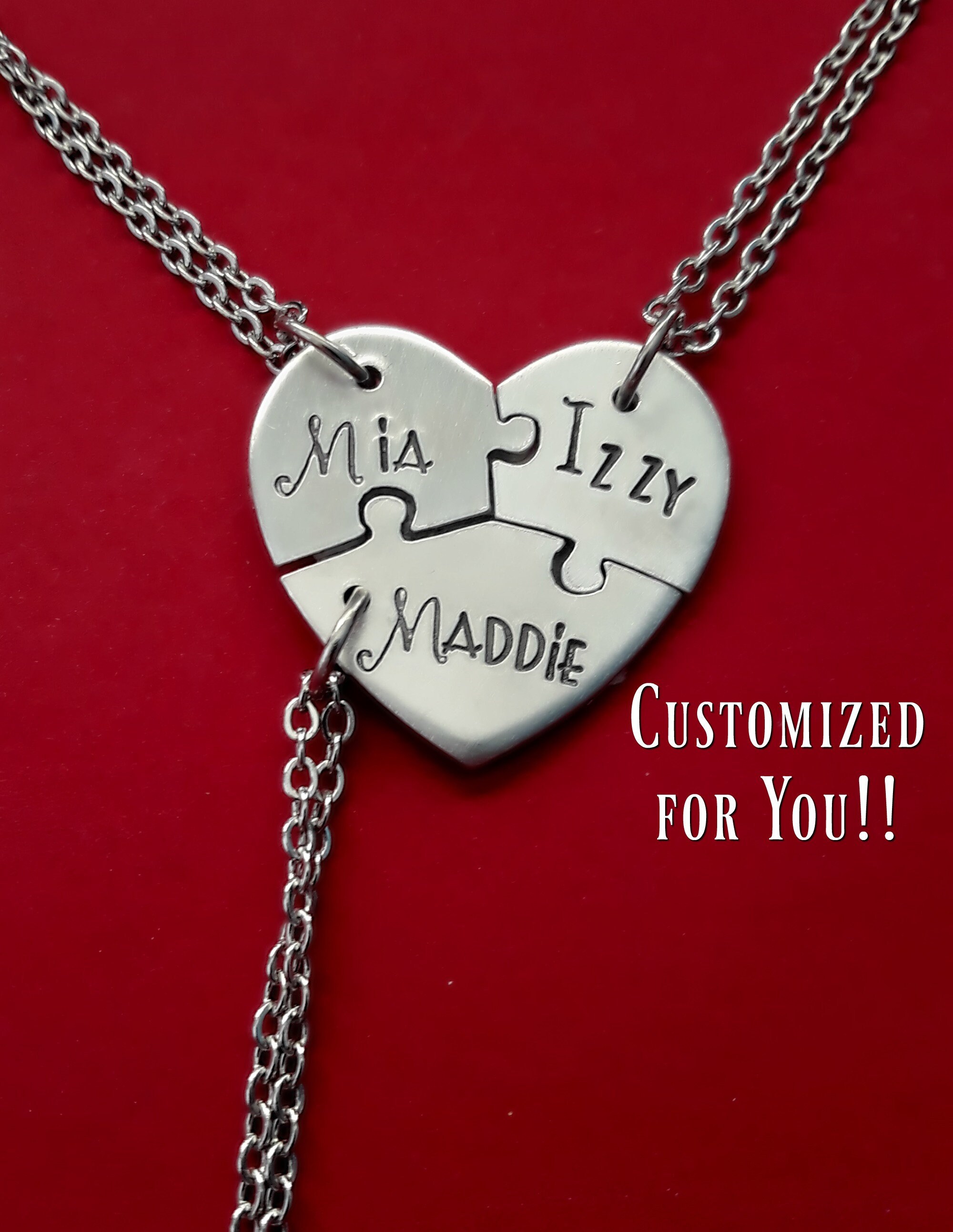 3 Personalized Heart Puzzle Necklace Set Three Piece Heart Etsy