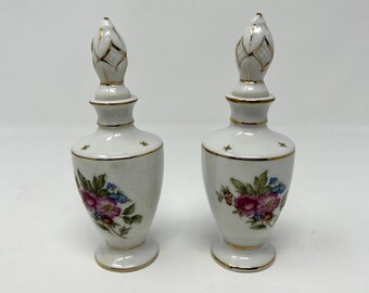 Ensemble de 2 flacons de parfum et bouchons en porcelaine vintage motif floral