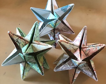 Star Ornaments, Origami Stars made from Vintage Map, Star Ornament for all Year or Christmas Ornament