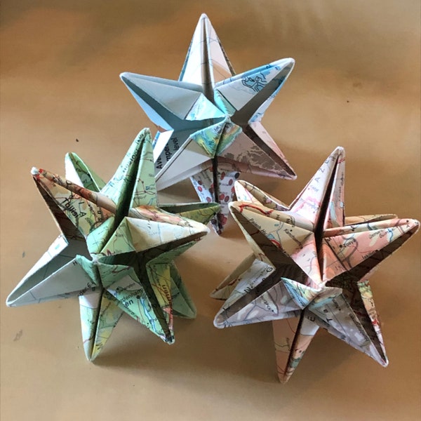 Star Ornaments, Origami Stars made from Vintage Map, Star Ornament for all Year or Christmas Ornament