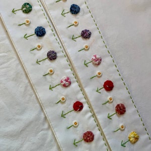 2 Pillowcases Hand Embroidered Can personalize Yoyo Garden Flowers Unique Gift. vintage style.handmade hygge for Mother&#39;s Day