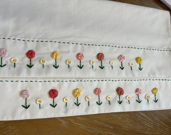 25% off Pillowcase pair Hand Embroidered. Vintage style.  Can personalize Yoyo Garden Flowers Unique  Red, Pink, Yellow. Bespoken. 1 pair.