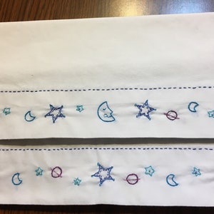Hand Embroidered Pillowcase Set: Moon, Stars, Planets, Personalized