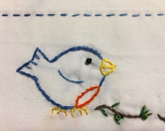 Hand Embroidered  Blue Birds Pillowcases Unique Gift- a set