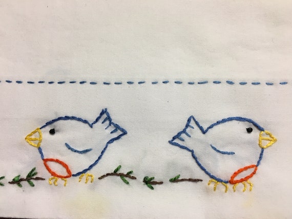 Hand Embroidered Yoyo Blue Birds Pillowcases Unique Gift A Etsy