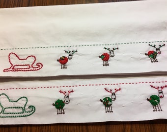 Hand embroidered Pillowcase Set Christmas sled & Reindeer Rudolf too. 1 pair. Vintage style.