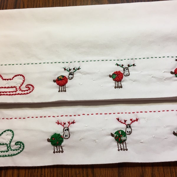 Hand embroidered Pillowcase Set Christmas sled & Reindeer Rudolf too. 1 pair. Vintage style.