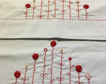 Red Work hand Embroidery Pillowcase set. red yoyo garden with shell button flowers. Unique