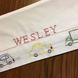 Personalized Pillowcase Hand embroidered Cars & Trucks Unique and Cute Little boy. vintage style. bespoken