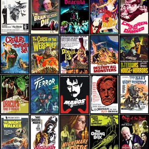May include: A collection of vintage horror movie posters, featuring titles like "The Birds," "Dracula," and "Nightmare Castle." The posters showcase classic monster and suspense themes with bold colors and striking imagery, perfect for film enthusiasts.