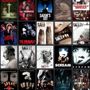 May include: A collection of film posters, including titles such as "SAW," "Scream," and "The Sacrament." The posters depict horror themes, with images of blood, gore, and suspenseful scenes. The colour scheme is dark, with red, black, and white being prominent.
