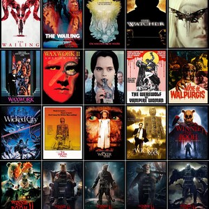 May include: A selection of film posters, predominantly in the horror and thriller genres. Titles include "The Wailing," "Waxwork," "The Watcher," "The Wicker Man," and "Winnie the Pooh: Blood and Honey." The posters showcase a range of dark and suspenseful imagery.