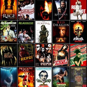 May include: A collage of horror movie posters, featuring titles like "The Rage," "Ravenous," and "Re-Animator." The posters showcase various horror themes, including werewolves, zombies, and supernatural elements, with bold typography and striking imagery.
