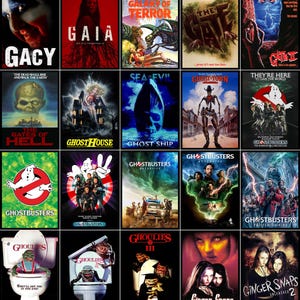Può includere: Una collezione di poster di film horror, tra cui "Gacy", "Gaia", "Galaxy of Terror", "The Gate" e "Gate II". Altri titoli includono "The Gates of Hell", "Ghost House", "Ghost Ship", "Ghastown" e "They're Here to Save the World". Sono presenti anche i film "Ghostbusters" e "Ghoulies".