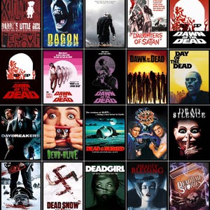 Peut inclure: Une collection d'affiches de films d'horreur, avec des titres tels que "Dawn of the Dead", "Dead Snow" et "Deadgirl". Les affiches présentent divers thèmes, notamment les zombies, les démons et le surnaturel, avec une typographie audacieuse et des images saisissantes.