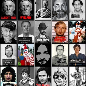 Puede incluir: Una cuadrícula de fotos policiales de criminales notorios, incluyendo a Albert Fish, H.H. Holmes y Ted Bundy. Cada retrato está enmarcado en negro, con algunos que incluyen texto como nombres y detalles de la prisión. Las imágenes varían en estilo y edad.
