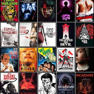 May include: A grid of horror film posters. Titles include "I Drink Your Blood," "I Know What You Did Last Summer," "I Saw the Devil," "Spit on Your Grave," "Ice Cream Man," and "Incarnate." The posters display a variety of graphic designs and imagery.