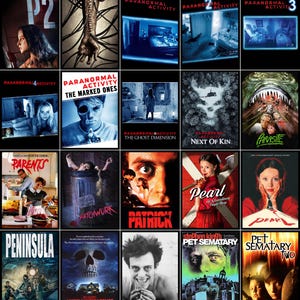 Könnte beinhalten: Eine Sammlung von Filmpostern, darunter "Paranormal Activity", "Pearl" und "Pet Sematary". Die Poster zeigen verschiedene Horror-Themen mit Bildern von spannungsgeladenen Szenen und Charakterporträts. Die Farbpalette umfasst dunkle Töne und leuchtende Rottöne.