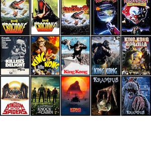 May include: A selection of film posters, predominantly horror and monster movies. Titles include "Killer Crocodile," "King Kong," and "Krampus." The posters display diverse artwork and design, with striking colours and dramatic imagery, appealing to fans of the genre.