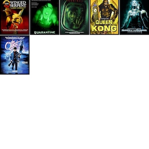 May include: A collection of movie posters. Titles include "The Winged Serpent", "Quarantine", "Quarantine 2", "Queen Kong", "Queen of the Damned", and "The Quest". The posters feature various images and graphics.