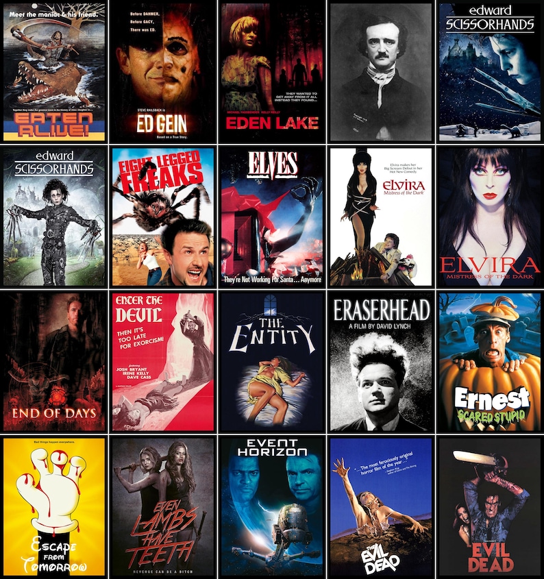 May include: A collection of horror movie posters, including "Eaten Alive!", "Ed Gein", "Eden Lake", "Edward Scissorhands", "Eight Legged Freaks", "Elves", "Elvira", "End of Days", "Enter the Devil", "The Entity", "Eraserhead", "Ernest Scared Stupid", "Escape from Tomorrow", "Even Lambs Have Teeth", "Event Horizon", and "Evil Dead".