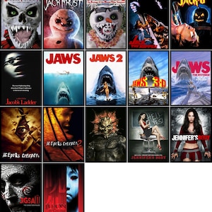 Può includere: Un collage di locandine di film horror, tra cui "Jack Frost", "Jaws" e "Jennifer's Body". I manifesti presentano varie creature, scene di terrore e i titoli dei film. La tavolozza dei colori è scura, con rossi, blu e verdi.