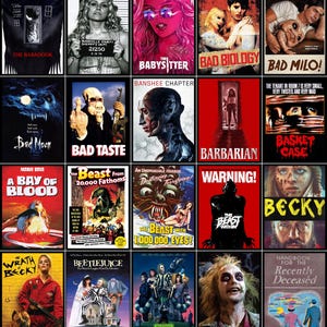 May include: A selection of film posters, including "The Babadook," "Bad Moon," "Bad Taste," and "Beetlejuice." The posters display a variety of horror themes with vibrant colours and striking imagery, featuring monsters and portraits.
