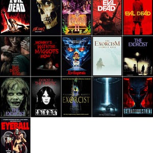 May include: A collection of horror movie posters, featuring titles like "Evil Dead," "The Exorcist," and "Extraterrestrial." The posters display various scenes and characters, with bold text and striking imagery, predominantly in red, black, and white.