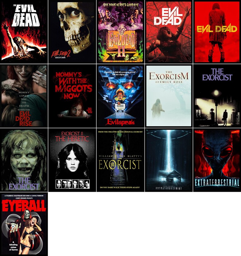 May include: A collection of horror movie posters, featuring titles like "Evil Dead," "The Exorcist," and "Extraterrestrial." The posters display various scenes and characters, with bold text and striking imagery, predominantly in red, black, and white.