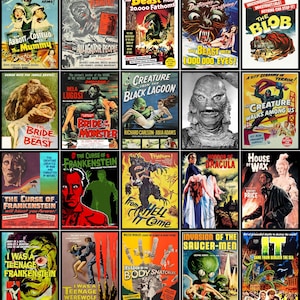 May include: A collection of vintage horror movie posters. The posters feature colorful illustrations and text, showcasing titles like "The Mummy," "The Creature from the Black Lagoon," and "Invasion of the Body Snatchers." The posters are a mix of styles and designs.